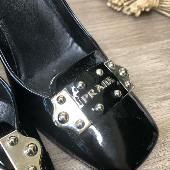 Prada Black Patent Leather Logo Detail Square Toe Block Calzature Donna Pumps 38 - Picture 3 of 10